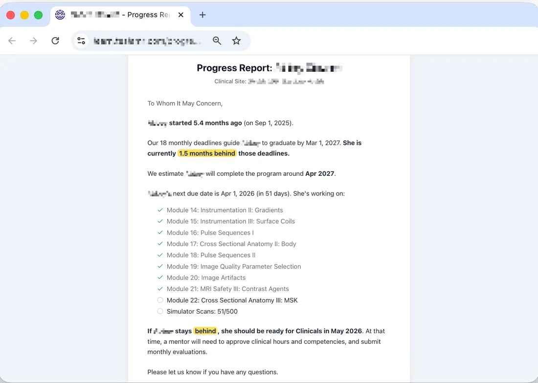 Admin academic dashboard with progress reports