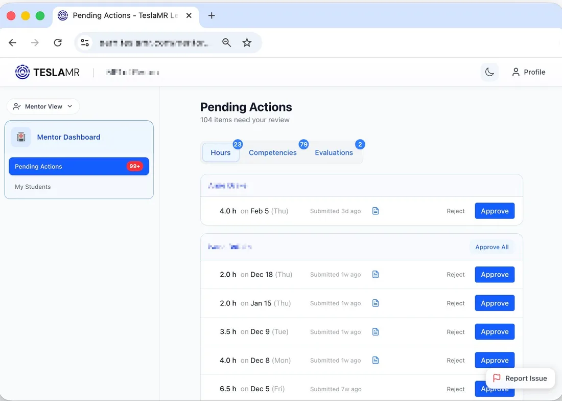 Clinical hours and competency approval interface