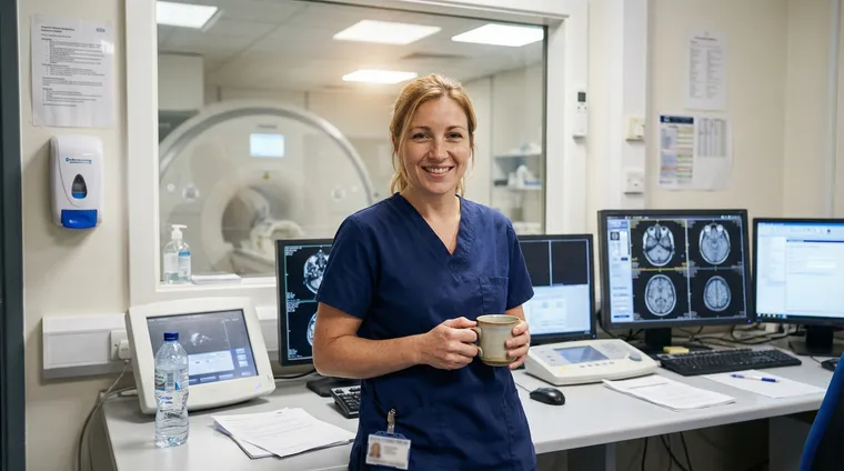 Sarah Mitchell in the MRI control room at Jefferson Health, surrounded by monitors displaying brain scans. The everyday reality of an MRI tech: coffee mug nearby, patient schedules scattered on the desk, and another scan queued up.