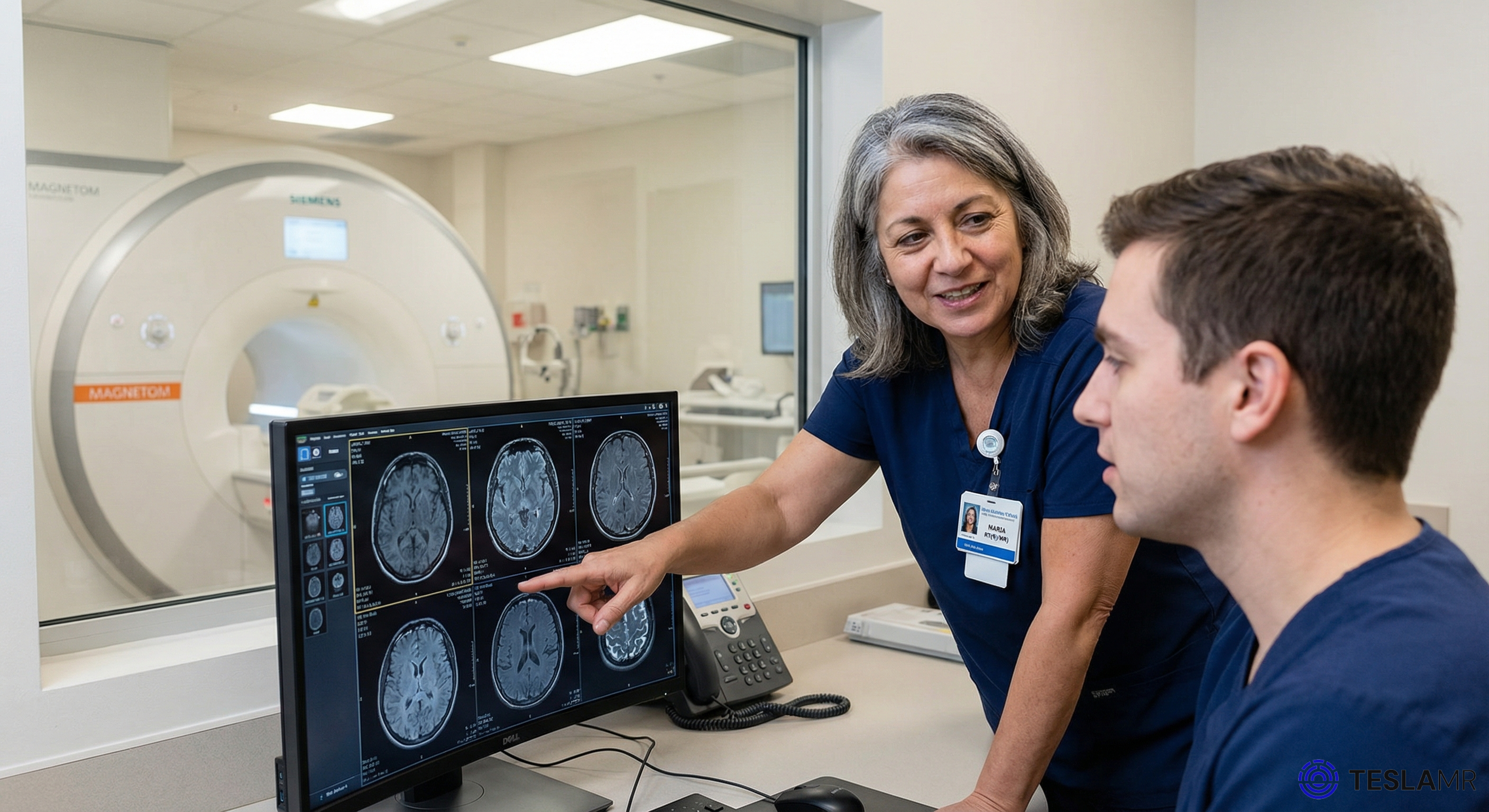 MRI technologist mentoring a trainee during hands-on practice